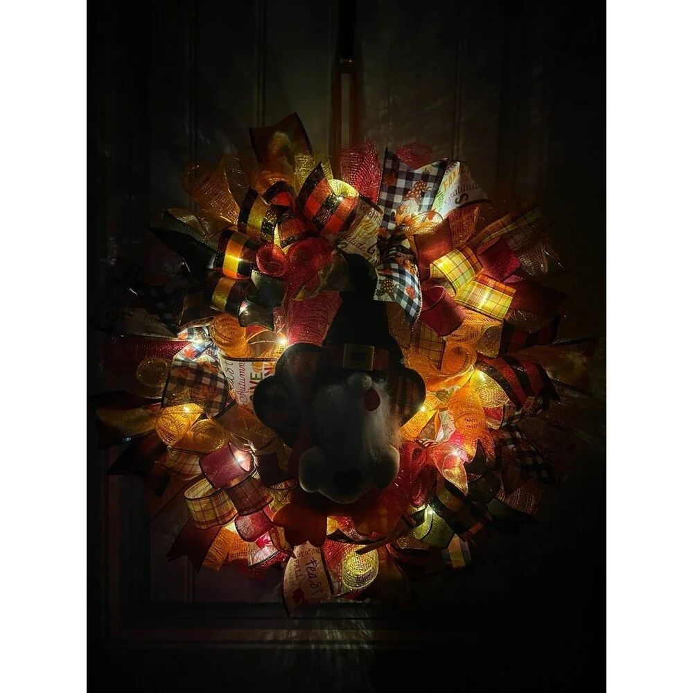 Handmade Thanksgiving Turkey Gnome Ribbon Welcome Door Wreath Leaf 22 in LED